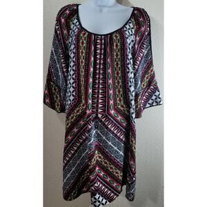 Gibson & Latimer Black Pink Geo Print Retro Cold Shoulder Shift Dress Small Soft